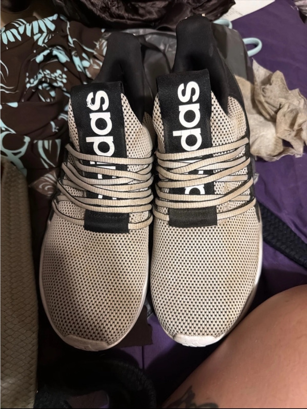 adidas Beige and Black Knit Slip-On Athletic Sneakers